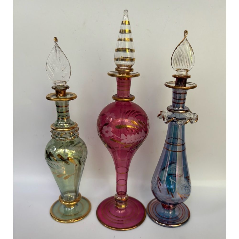 Vintage Égyptienne Mouthblown Glass Handmade Parfumé Bottles/ Set of 3